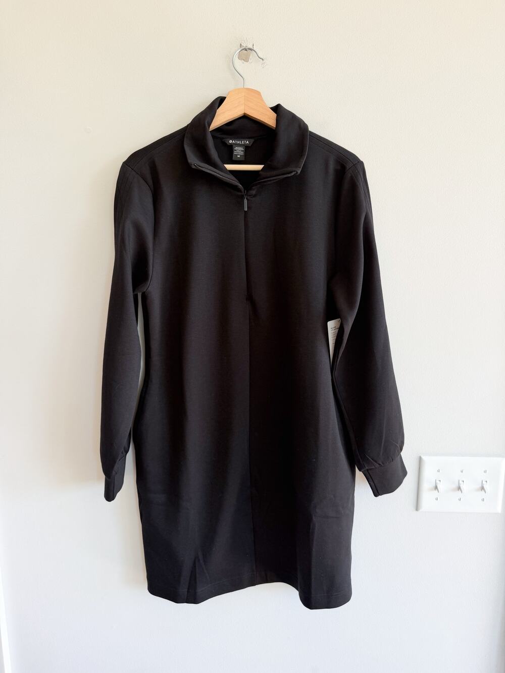 Athleta Allure 1/4 Zip Long Sleeve Mock Neck Mini Dress Black M NWT
